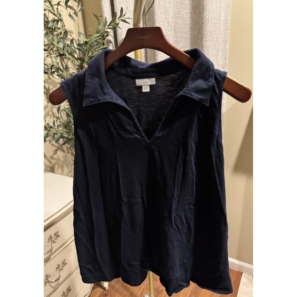 J. Jill Sleeveless Collared V Neck Top Navy Blue Cotton Modal Knit Women's XL